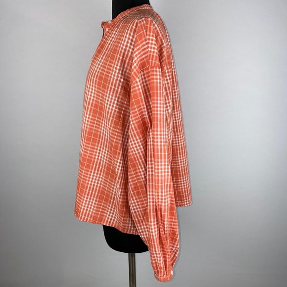 Universal Thread S Orange White Plaid Oversize Button Popover Balloon Sleeve Top - Picture 8 of 12